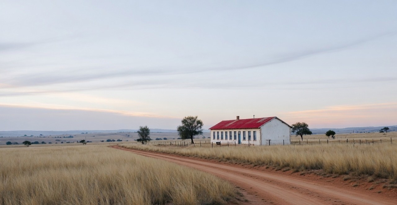 Illustrative photograph of a small school in open grassland